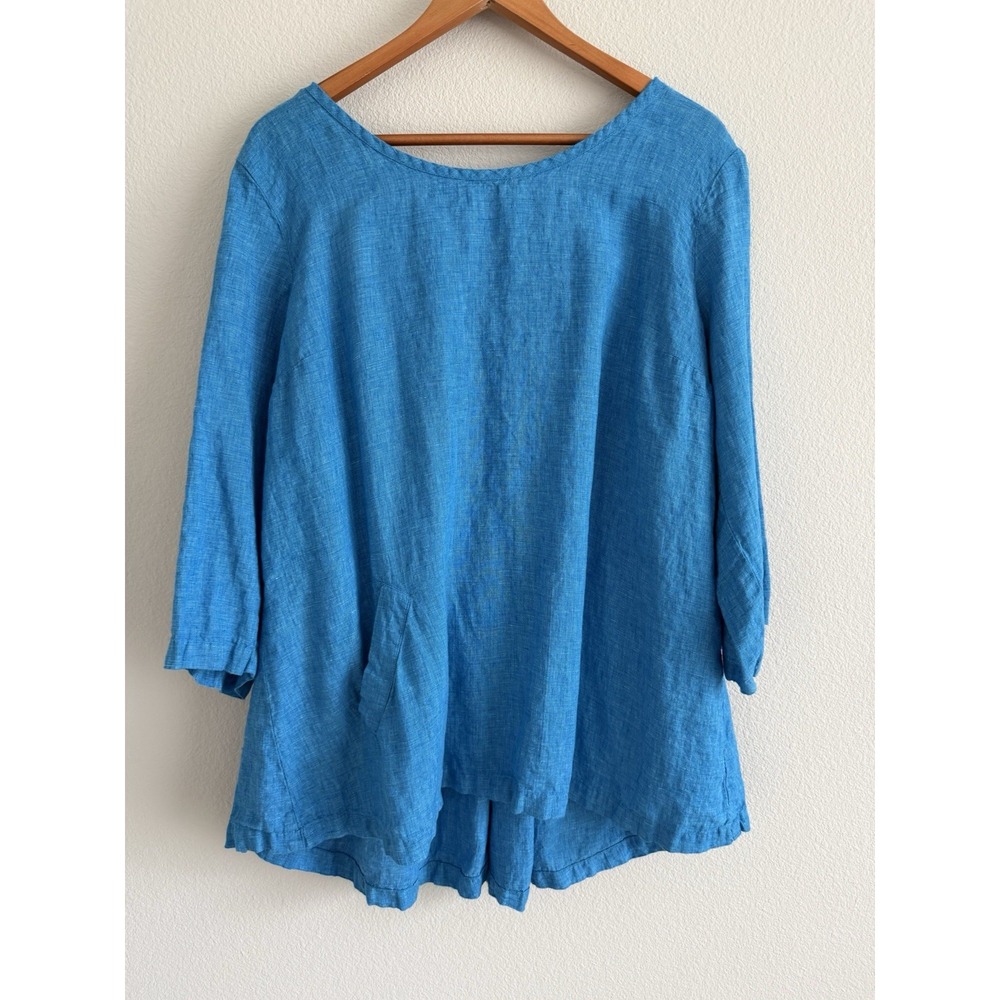 Flax Linen Tunic Blouse Womens Large Blue Lagenlook Travel Beachy Vacation Boho - Picture 10 of 10